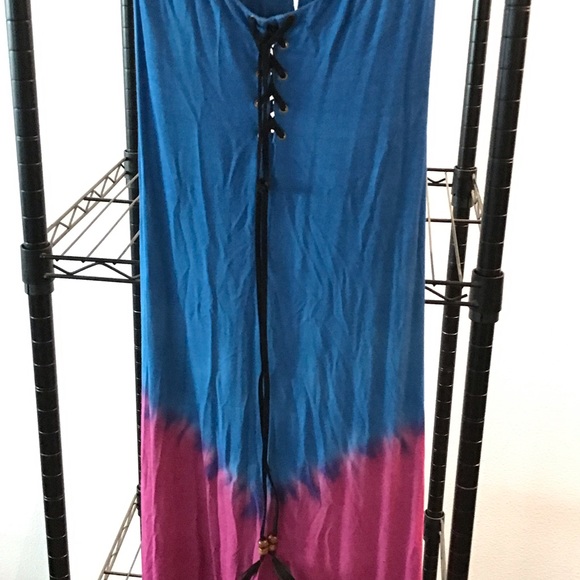 Sky blue, pink, and black Maxi Dress &feather tie - Picture 9 of 10